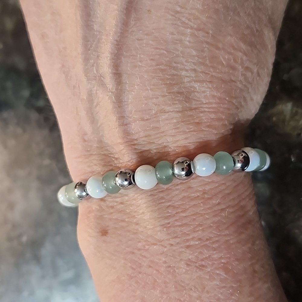 Handmade Silver Hematite and Green Aventurine Beaded Bracelet - Picture 2 of 4